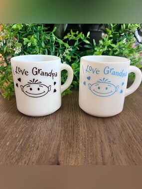 Vintage Mid-Century Hazel-Atlas White Milk Glass  “I Love Grandma / Grandpa”